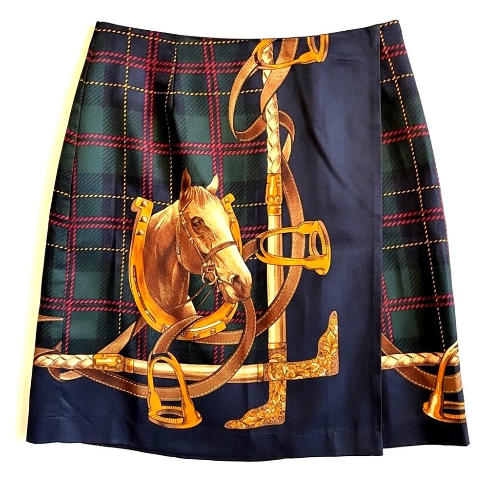 VTG Equestrian Horse Wrap Skirt 10 Mini Tartan Plaid Preppy Chains Old Money USA